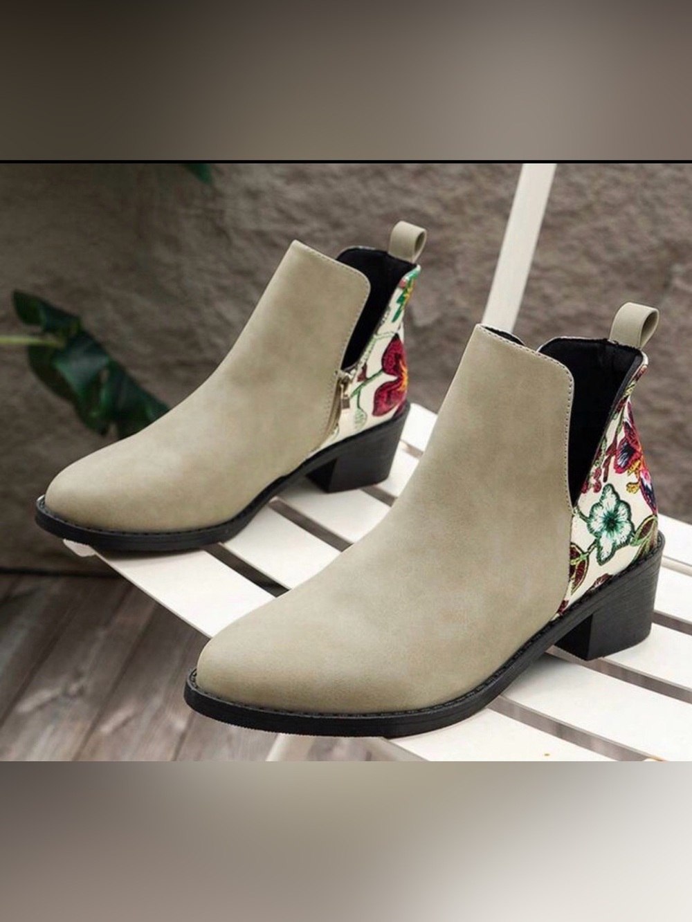 Vintage Taupe Ankle Boots with Floral Embroidered Heel